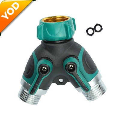 Heavy duty 2 way Y shut-off hose connector with soft rubberized grip body metal garden hose splitter